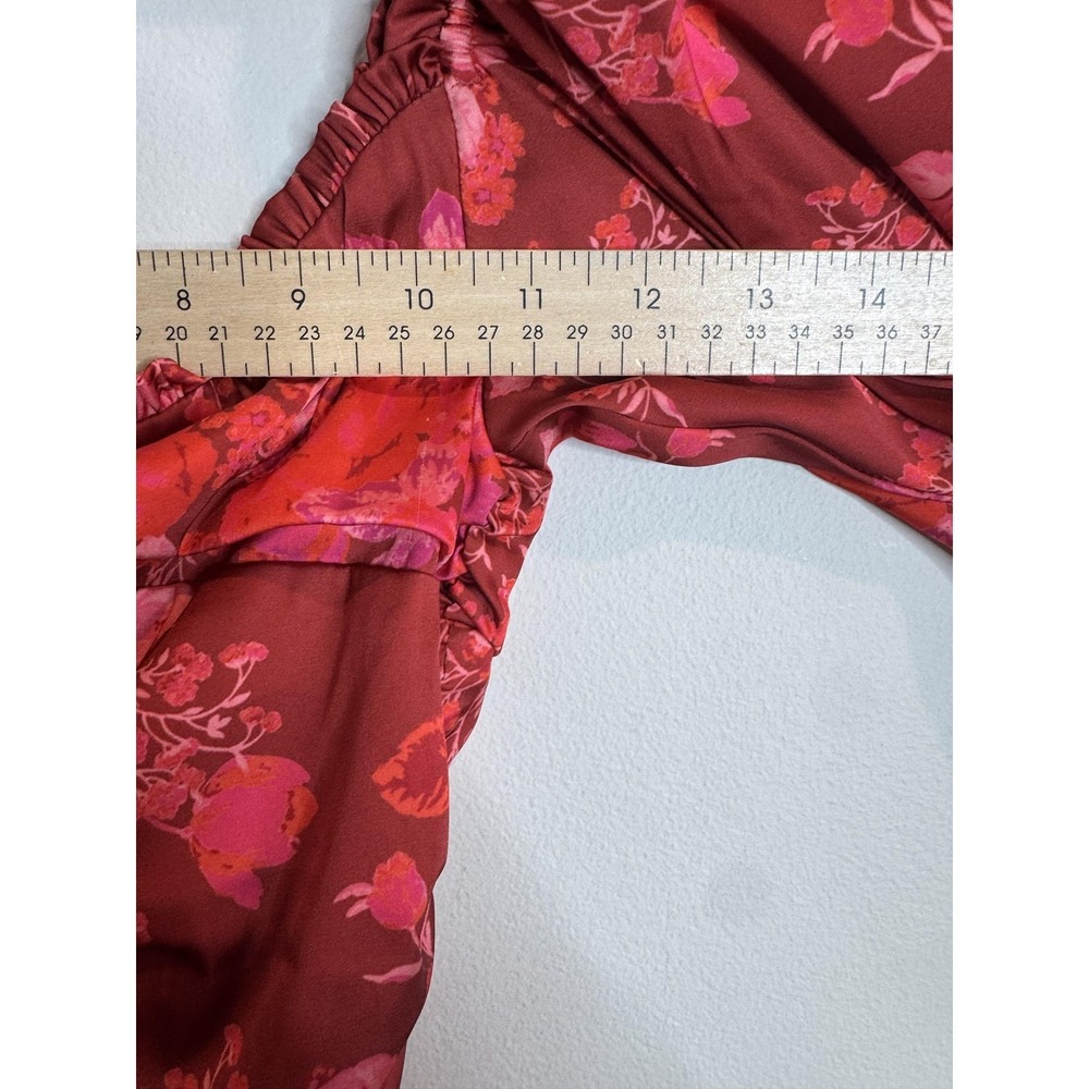 For Love &‎ Lemons Bodysuit Womens Small Red Floral Satin Ruched Puff Sleeve Top - Picture 4 of 10